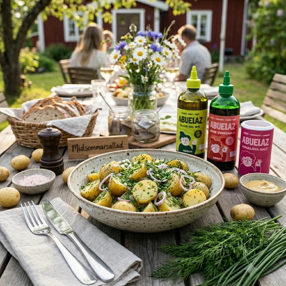Recept på Abuelas Färskpotatissallad utan majonnäs. Perfekt klassiker till midsommar.