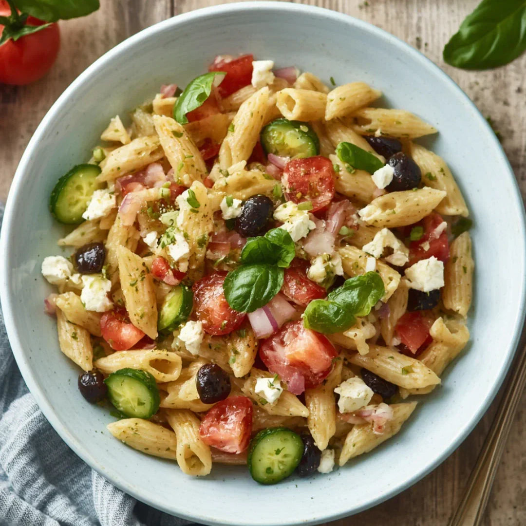 Pastasallad som tål både värme och picknick. Rör ihop en klassisk vinägrett på 10 sekunder med olivolja och vinäger.