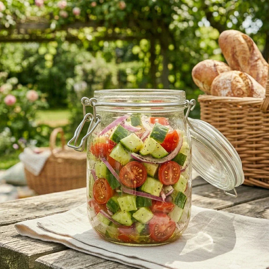 Lätt sommarsallad som skakas ihop i burk. Perfekt för camping och husvagnssemestern.