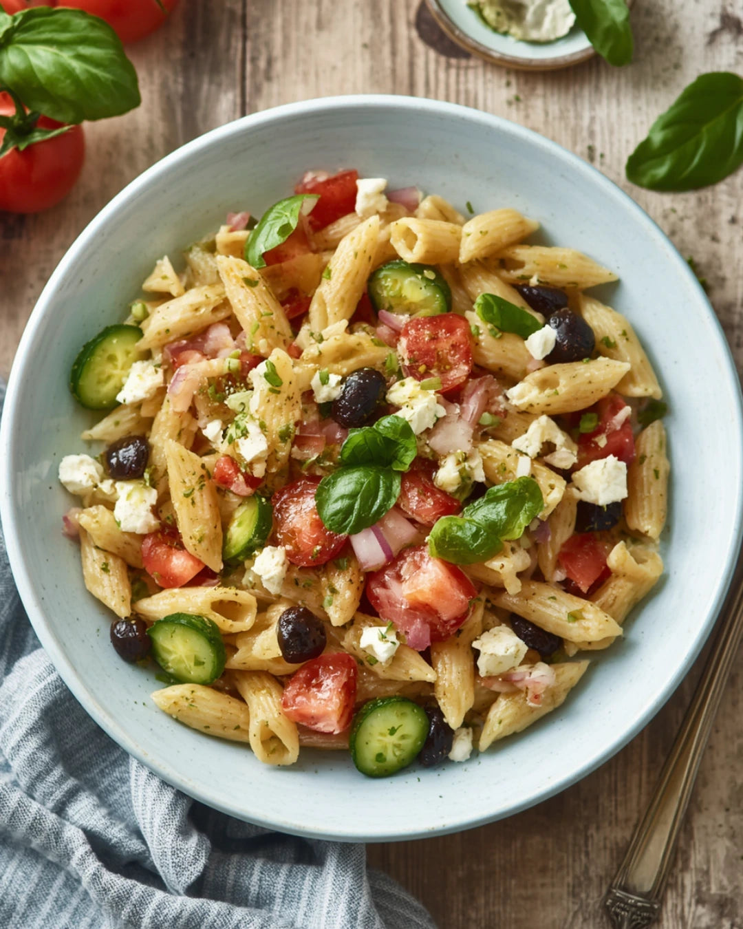 Pastasallad som tål både värme och picknick. Rör ihop en klassisk vinägrett på 10 sekunder med olivolja och vinäger.